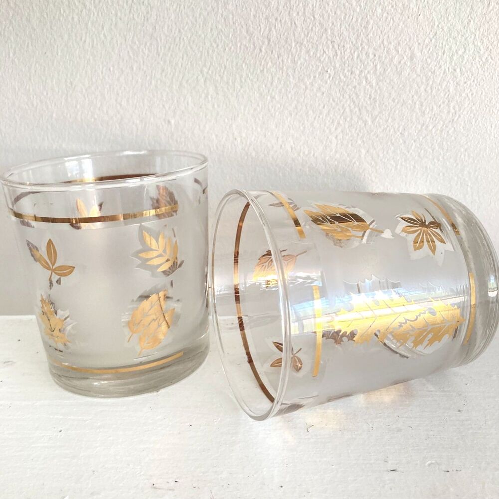 LIBBEY Vintage Golden Foliage Gold Leaf Juice Glasses Set of 2
